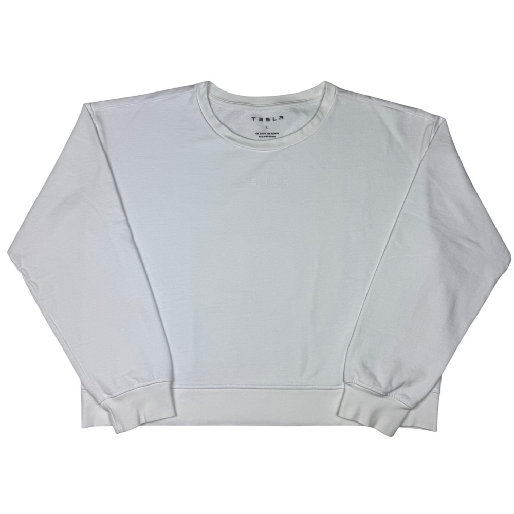 Tesla Crewneck Sweatshirt Womens L White Tonal Logo Fleece Pullover Boxy Minimal